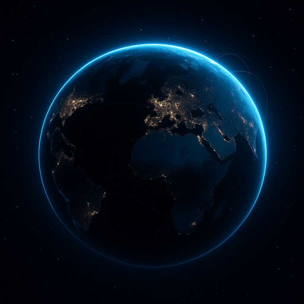Planet Earth at night with glowing network connections